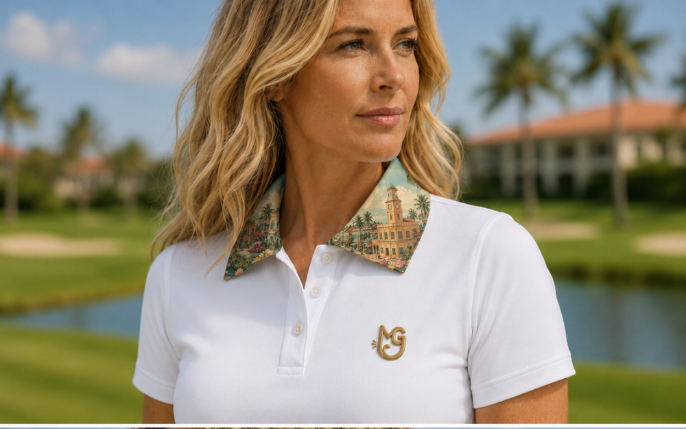 Women's Muffin Golf Phuket polo in white with the Phang Nga island and longtail collar folded down