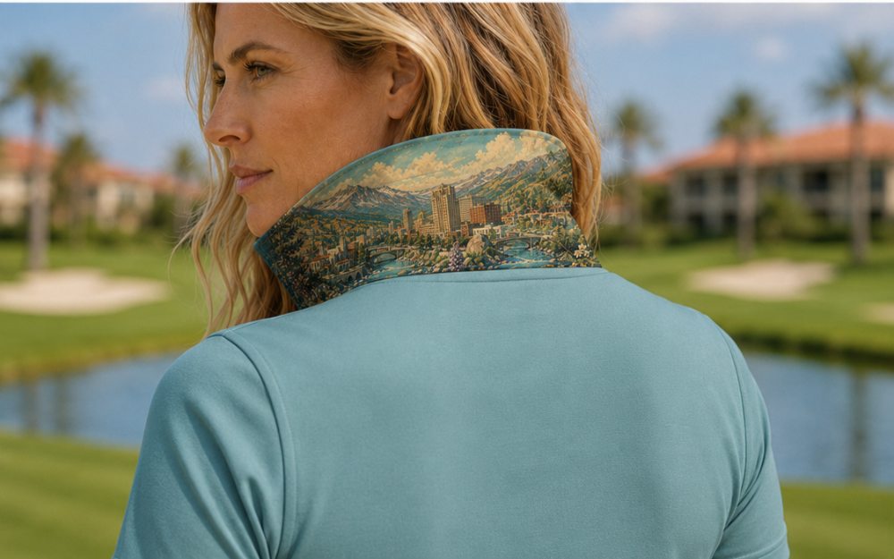 Back view of the women's Tahoe Pop Collar polo with the collar popped, showing the Tahoe City mountain town scene